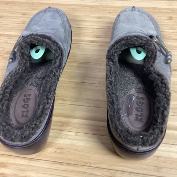 Klogs Womens Clogs Gray Suede Faux Fur Trim Slip On Wedge 11M - Picture 6 of 10